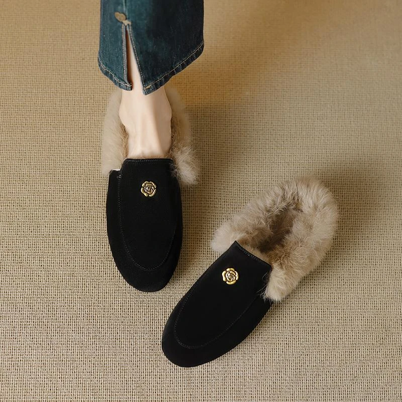 【维米克设计师版】明星同款2025冬季保暖加绒兔毛毛鞋复古羊翻皮