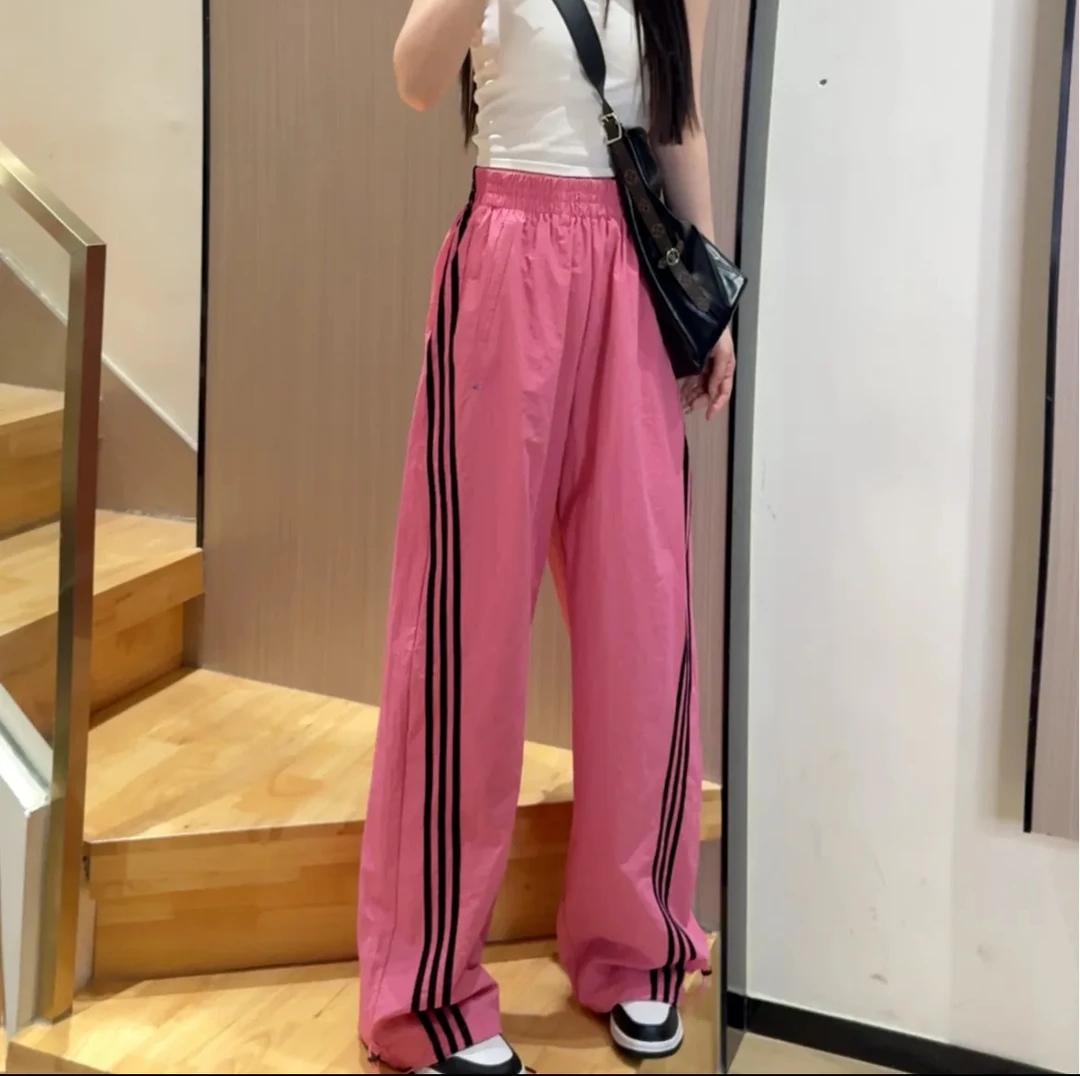 美式复古三条杠运动裤女夏季薄款防晒速干裤束脚拖地阔腿工装长裤