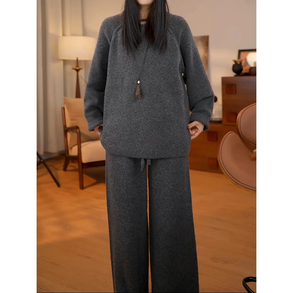 极简风纯色针织套装两件套2025冬新款高级感洋气减龄宽松毛衣长裤