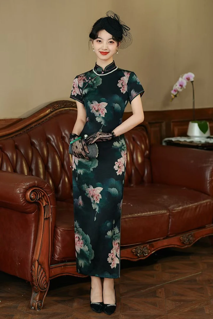 春季新款高端优雅长款墨绿色色旗袍日常高级修身显瘦复古古法