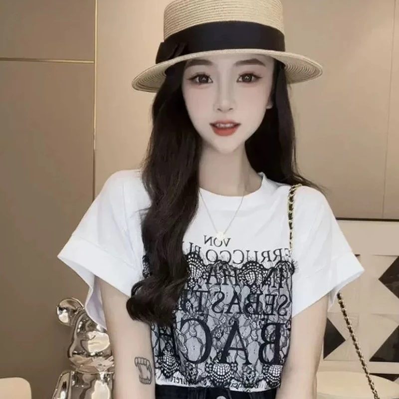 蕾丝拼接短袖T恤女2025夏季新款时尚气质甜美小众设计感印花上衣