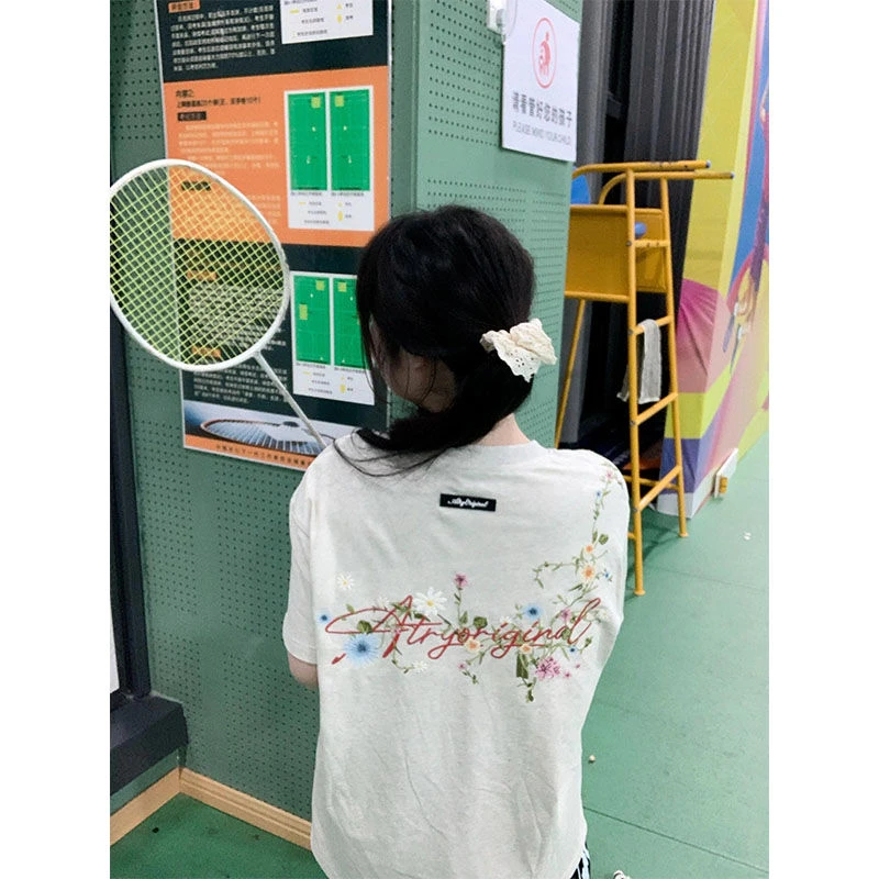 国潮牌oversize【花卉刺绣】短袖t恤女夏季宽松情侣美式高街上衣