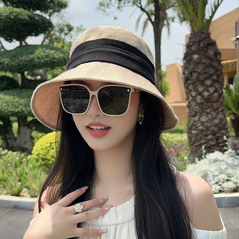 日系棉麻蝴蝶结渔夫帽女大帽檐出游防晒盆帽夏季轻薄遮阳帽显脸小