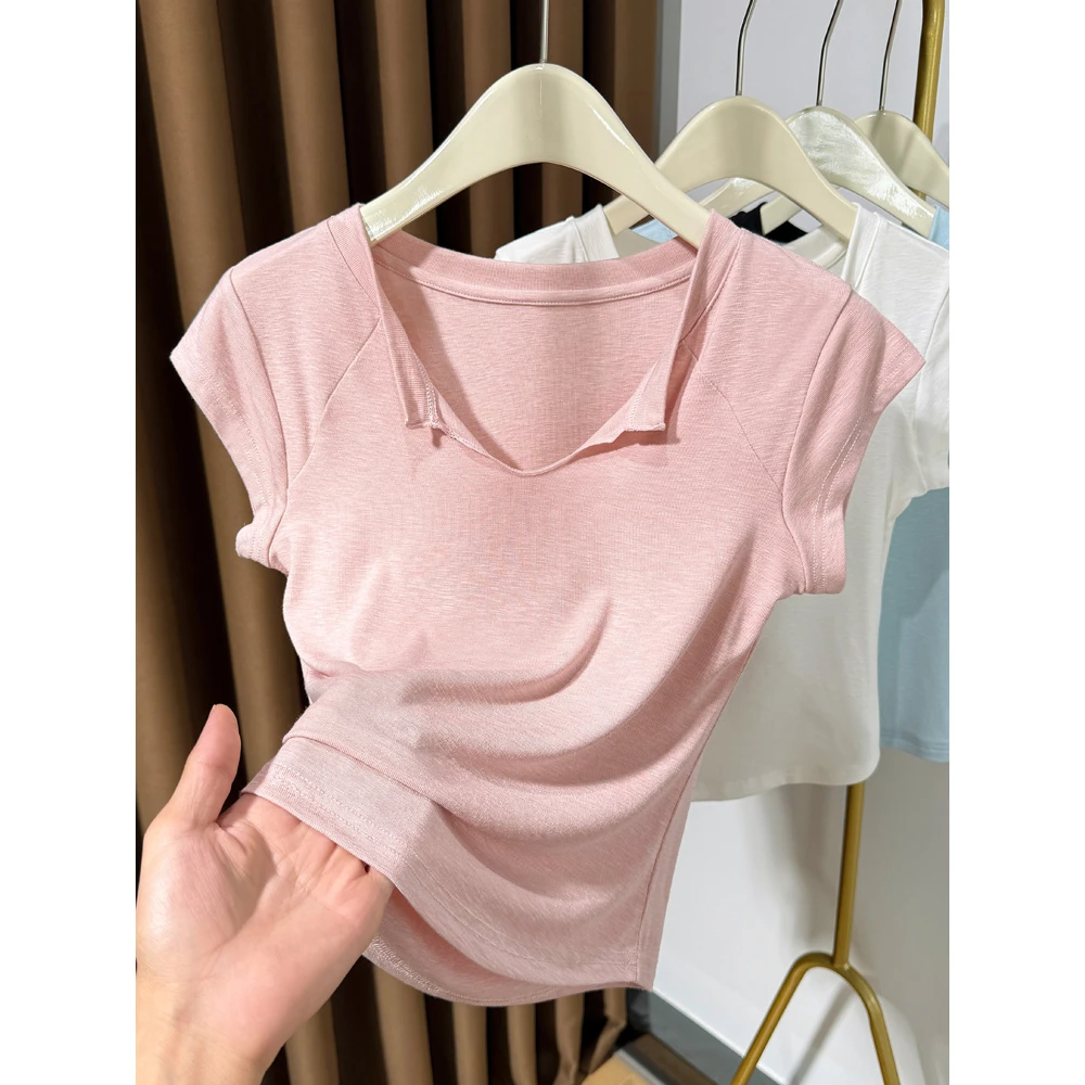 粉色V领薄款正肩T恤女夏2025新款低领冰丝针织短袖别致小飞袖上衣