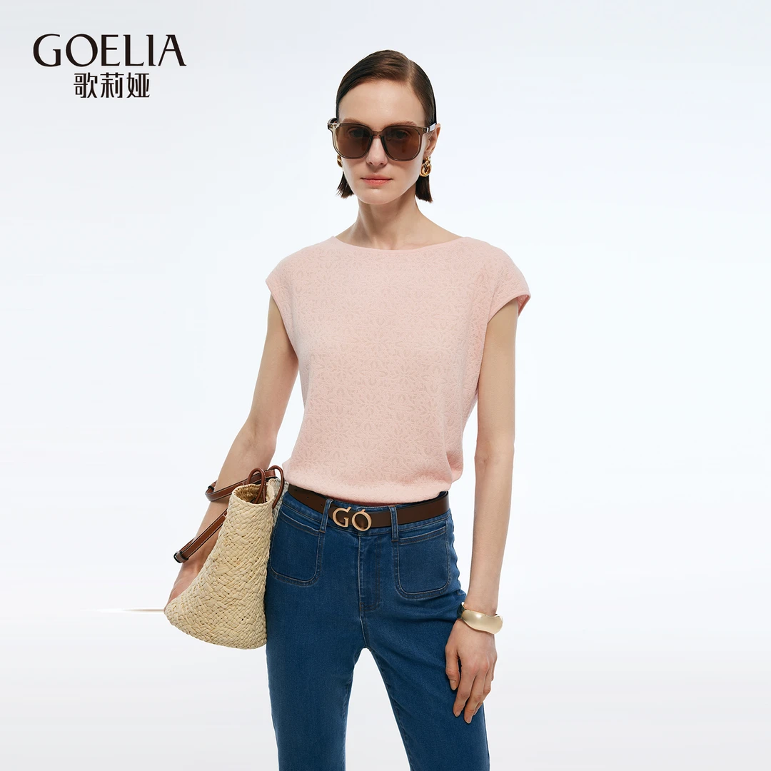 【首降】歌莉娅一字领提花毛时尚弹力针织上衣新品粉色出游