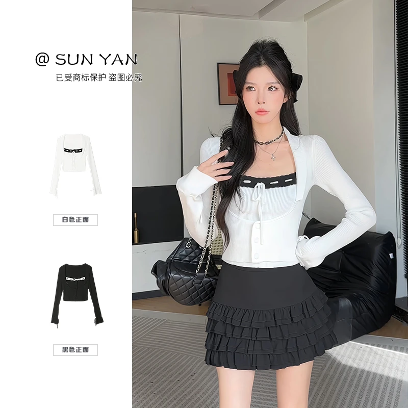 孙妍新款【甜辣玩家】时尚设计感撞色系绳修身短款假两件上衣女2025