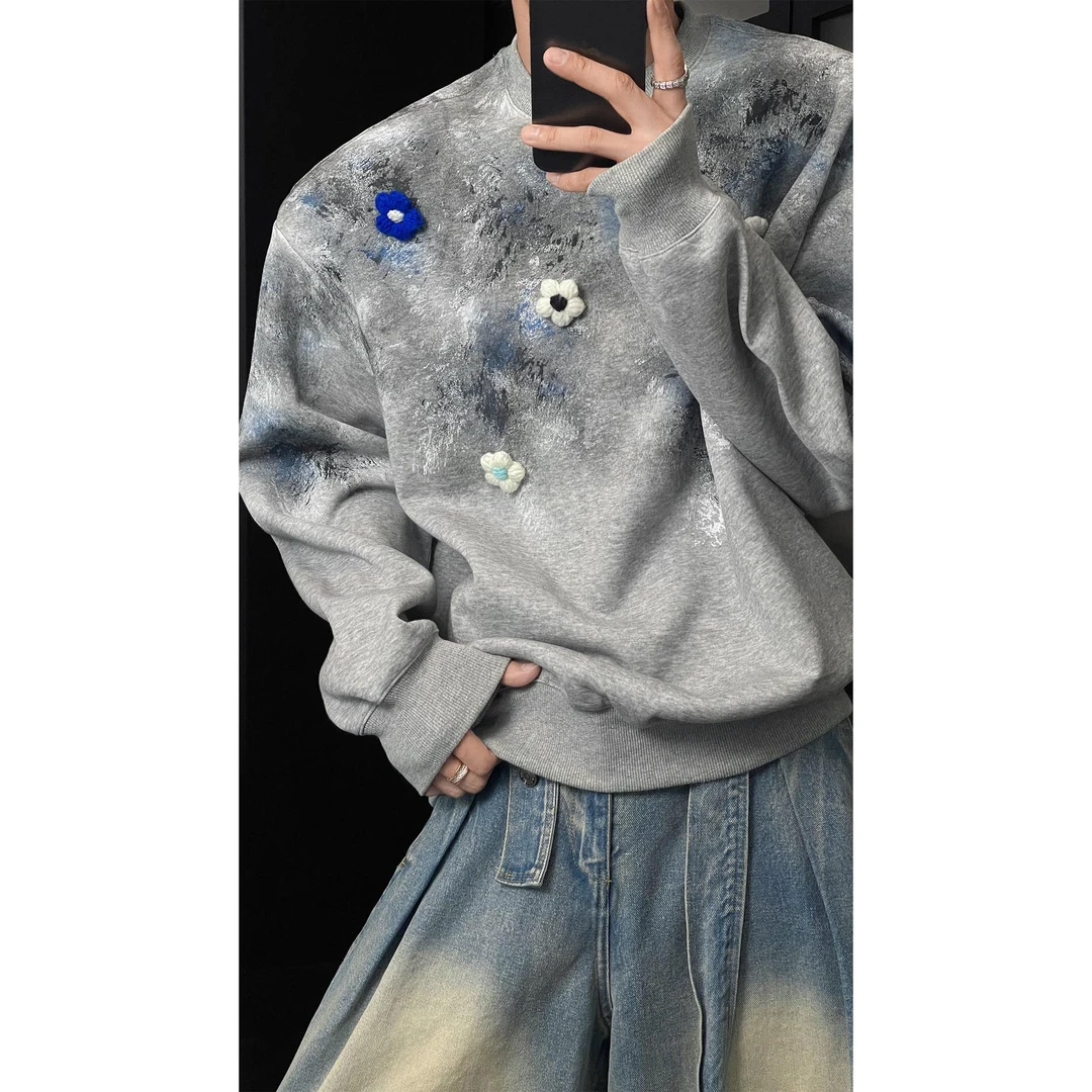 大码秋季新品美式潮牌小众设计款泼墨卫衣男oversize宽松花朵上衣