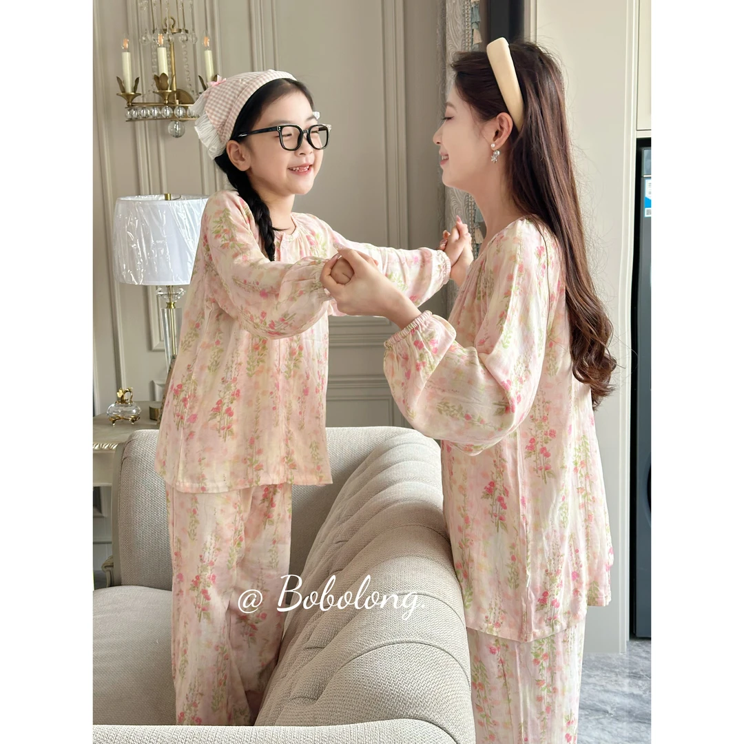 【BoBoLong】竹棉纱春夏亲子家居服薄款套装无感水印四季款儿童