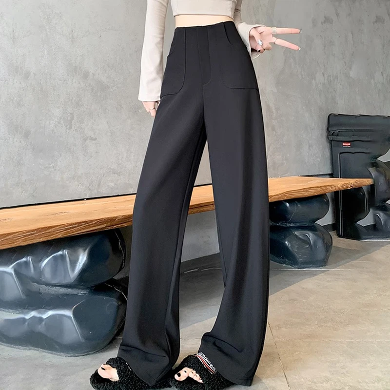 黑色高级感西装裤女春秋2025新款高腰垂感休闲拖地窄版直筒阔腿裤
