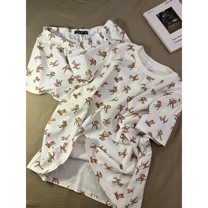 韩系甜美软萌卡通小鹿睡衣女夏季新款短袖短裤可外穿家居服两件套