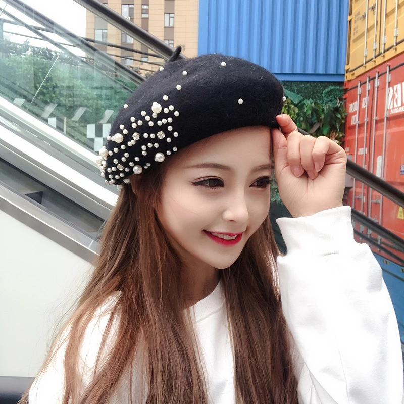 手工珍珠休闲时尚网红小香风贝雷帽气质百搭毛呢复古针织毛毛帽子