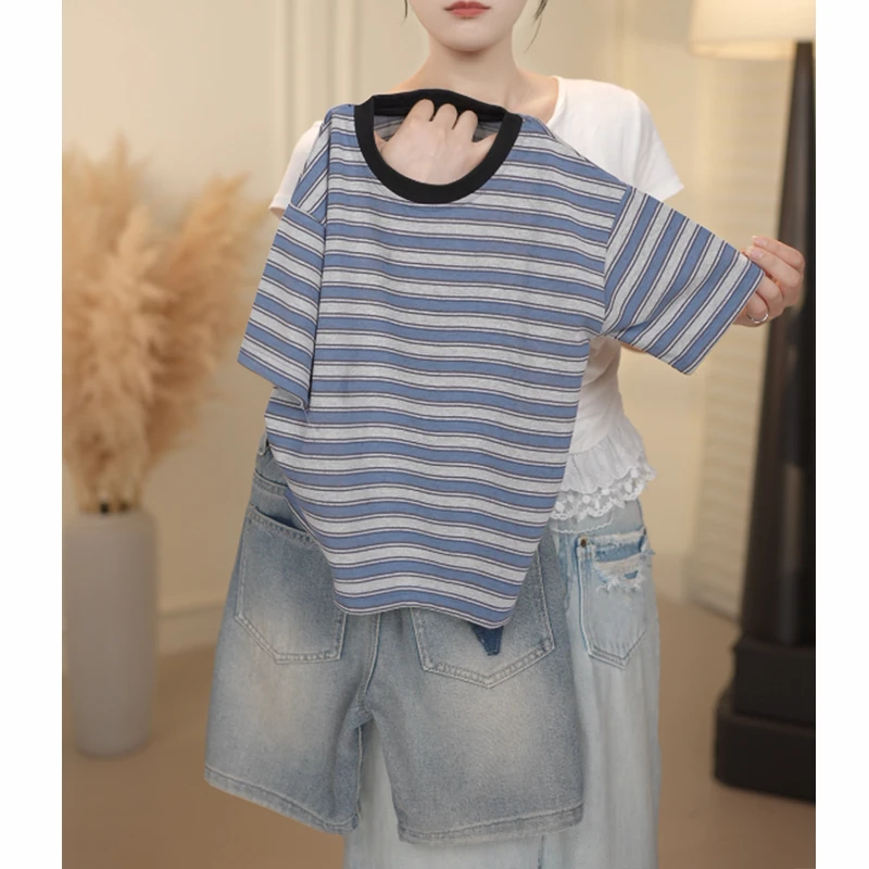 儿童夏季条纹短袖宝宝圆领休闲半袖百搭时尚宽松外穿