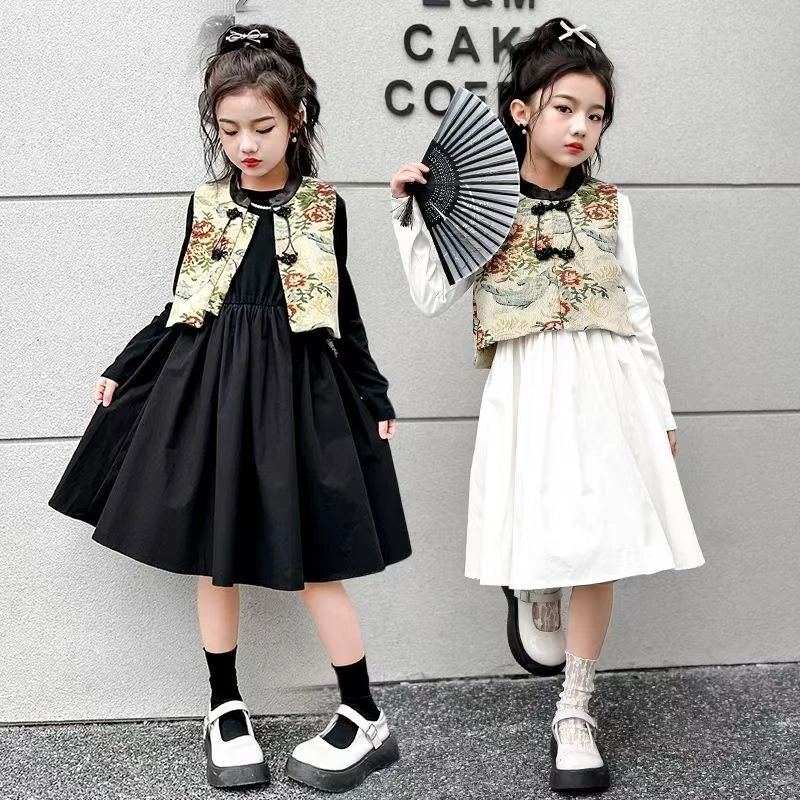 春秋款女童连衣裙中式两件套裙套装唐装公主儿童洋气潮中大童国风