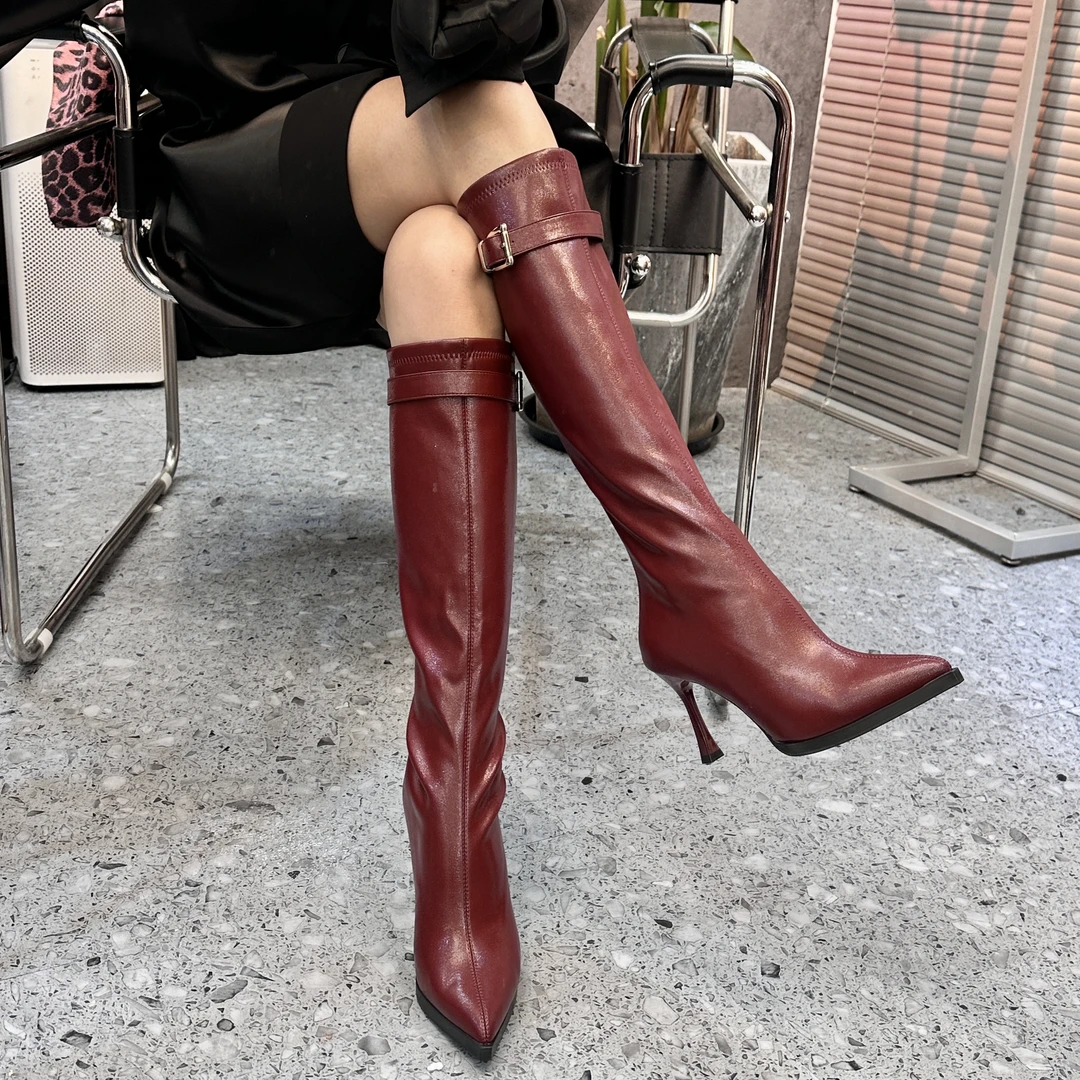【反季特惠】秋冬气质女人款细跟尖头装饰带款长靴时尚百搭冬季长筒