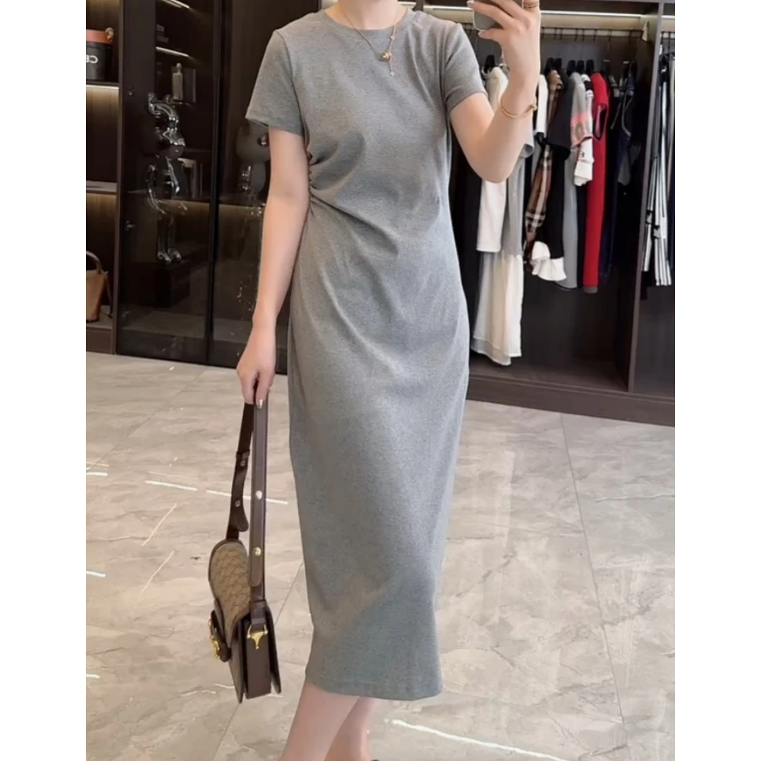 景倩妮灰色气质显瘦收腰连衣裙2025年夏季新款简约遮肉休闲连衣裙