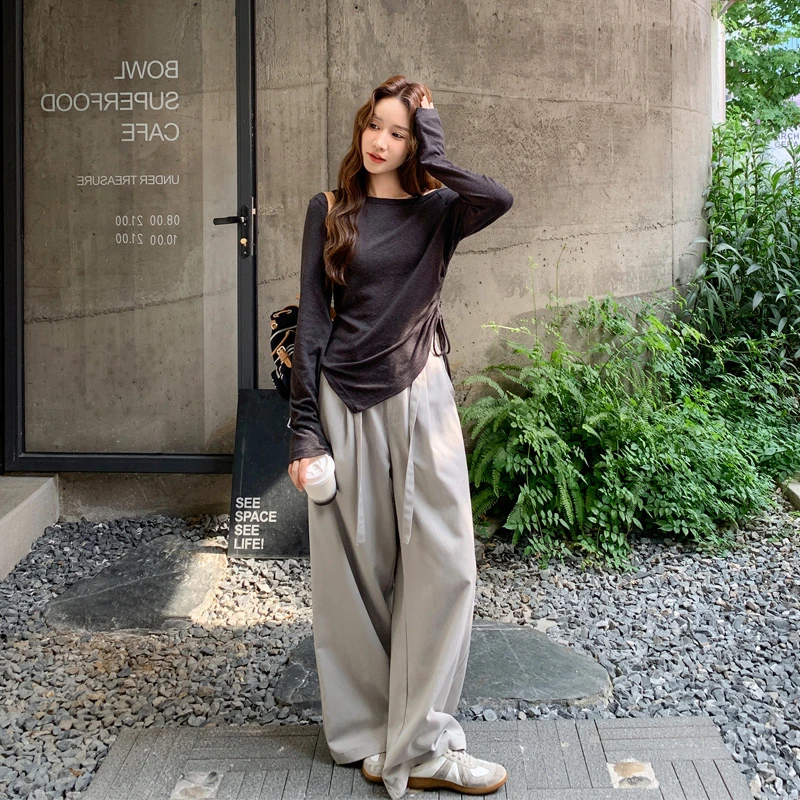 韩系松弛感露肩T恤阔腿裤2025春秋新款小众设计感慵懒风显瘦套装