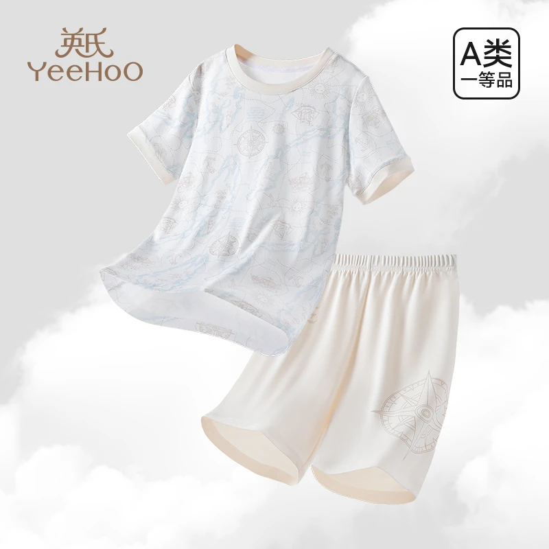 英氏儿童家居服套装2025年夏季新款分体套装短袖短裤男孩纯棉套装