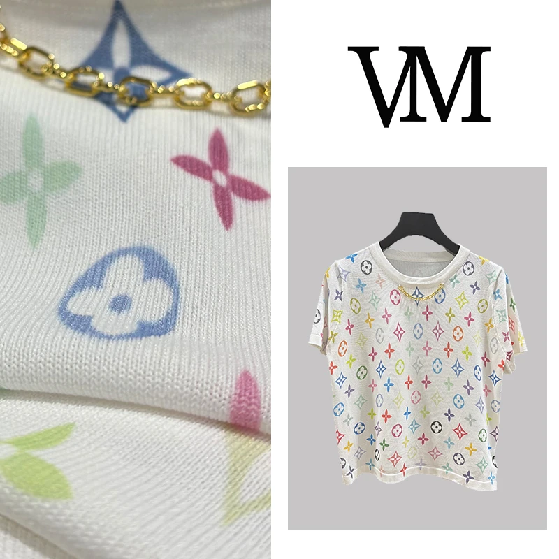 欧洲站短袖冰丝针织衫女夏季新款老花设计高级感圆领上衣dx7808