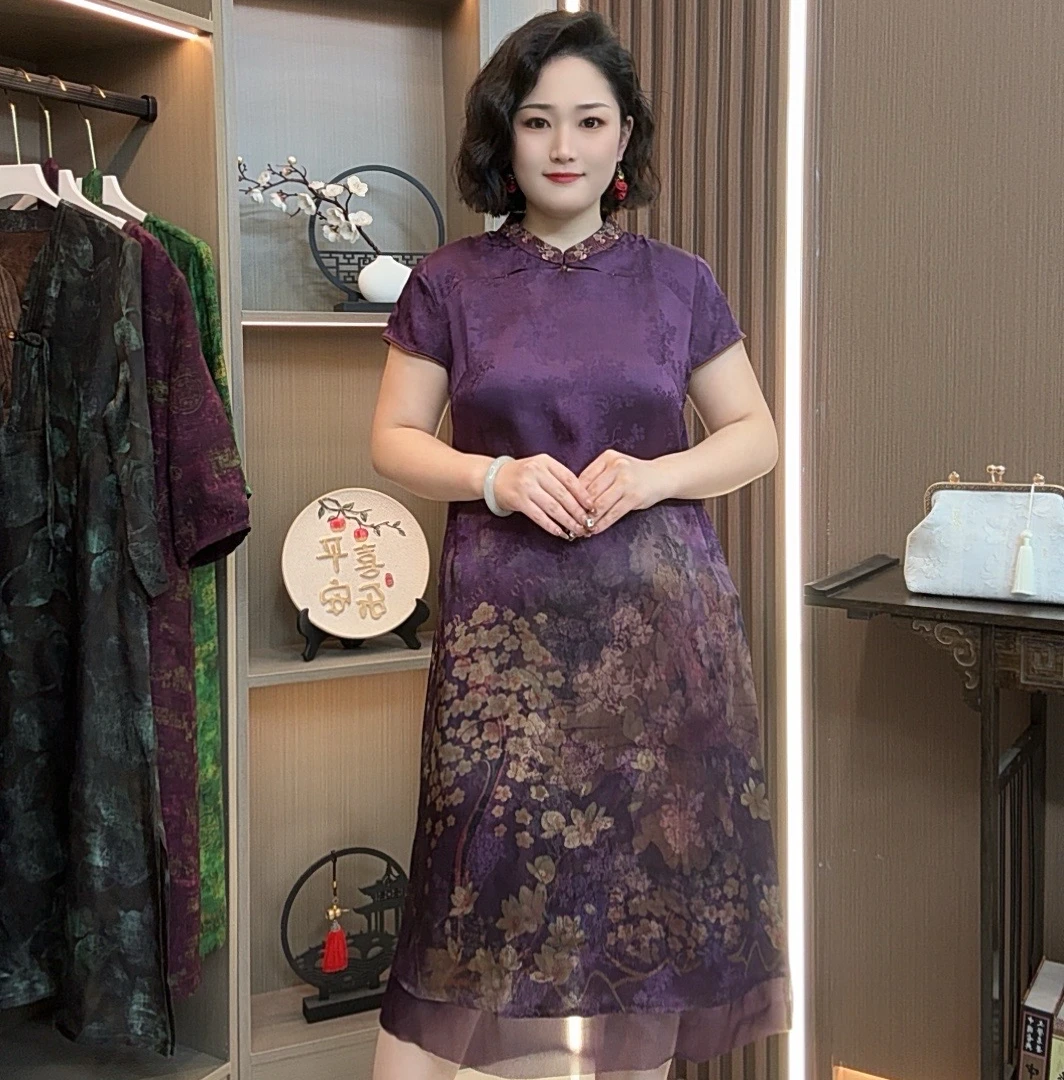 【归梦】2025新款高端重磅夏季素雅新中式风格印花遮肉显瘦连衣裙