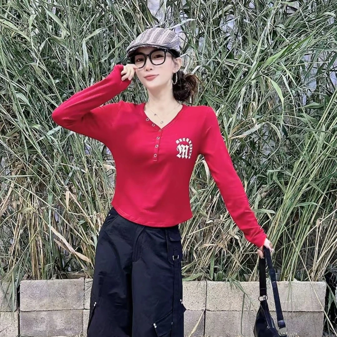 早秋新款3912#V领莫代尔扣衫修身显瘦长袖体恤上衣