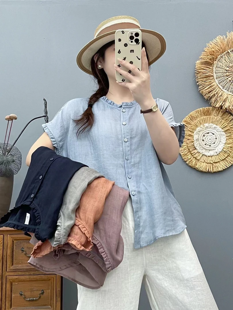 【木耳边 苎麻】夏季斜纹纯苎麻木耳边短袖圆领上衣女轻薄透气66205