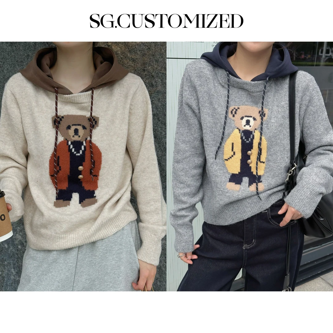 丁雅 小熊提花 连帽衫秋季套头毛衣MY-DY20249453