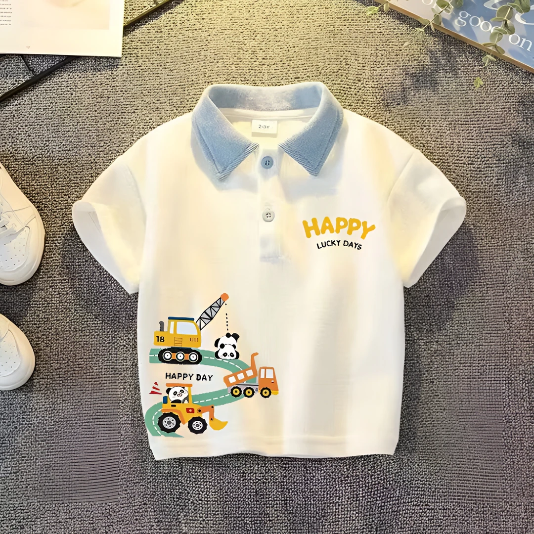 夏季儿童洋气翻领POLO衫新款韩系休闲百搭卡通印花男童半袖打底衫
