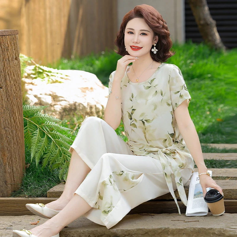 母亲节妈妈夏装2025新款雪纺套装洋气短袖t恤中老年女气质两件套