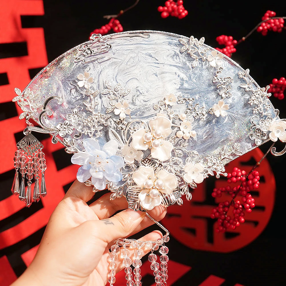 蓝色团扇中式婚礼成品晨袍喜扇新婚礼物新娘结婚手工扇diy材料包