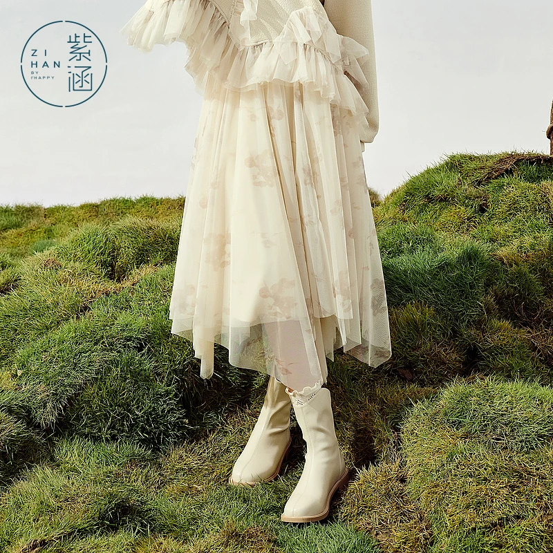 紫涵松紧腰半身裙冬季新款双层网纱蓬蓬裙印花中长裙子Z3Z09AS714