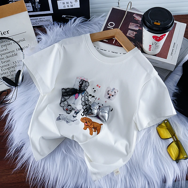 女宝可爱狗狗蝴蝶结2025时尚卡通立体百搭休闲上衣夏季新款T恤