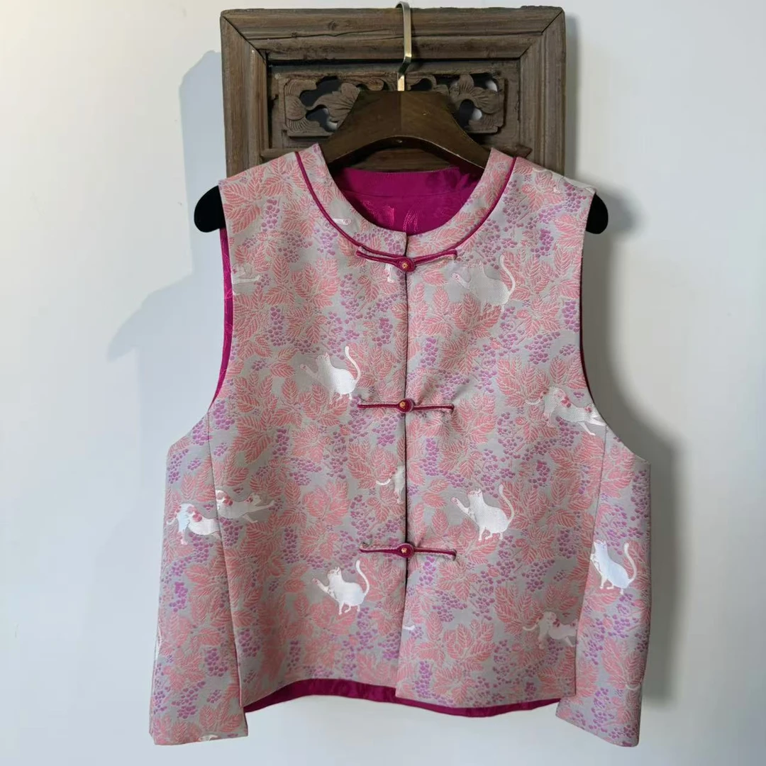 【DFJ】猫的日记新中式马甲女春秋2024年新款提花刺绣织锦中国风