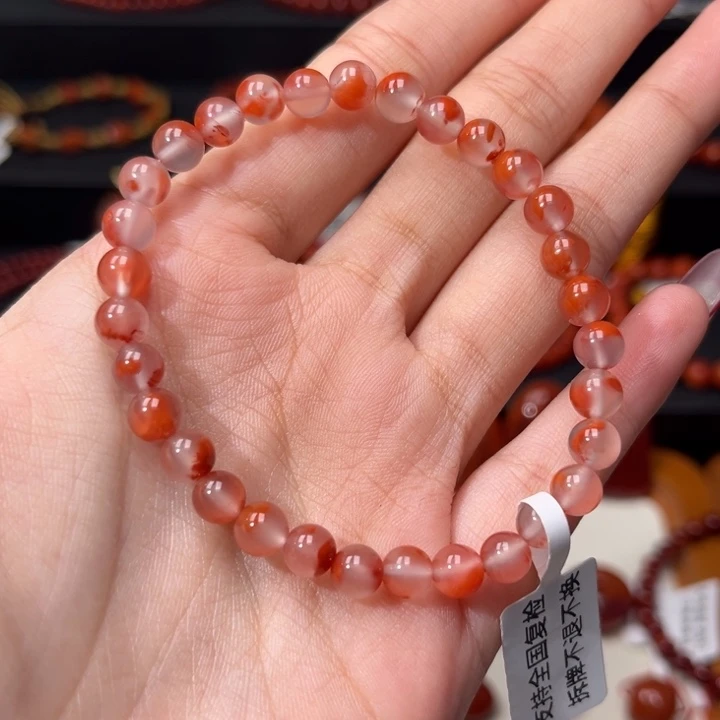 南红玛瑙未镶嵌手链柿子红飘花6mm圆珠手串