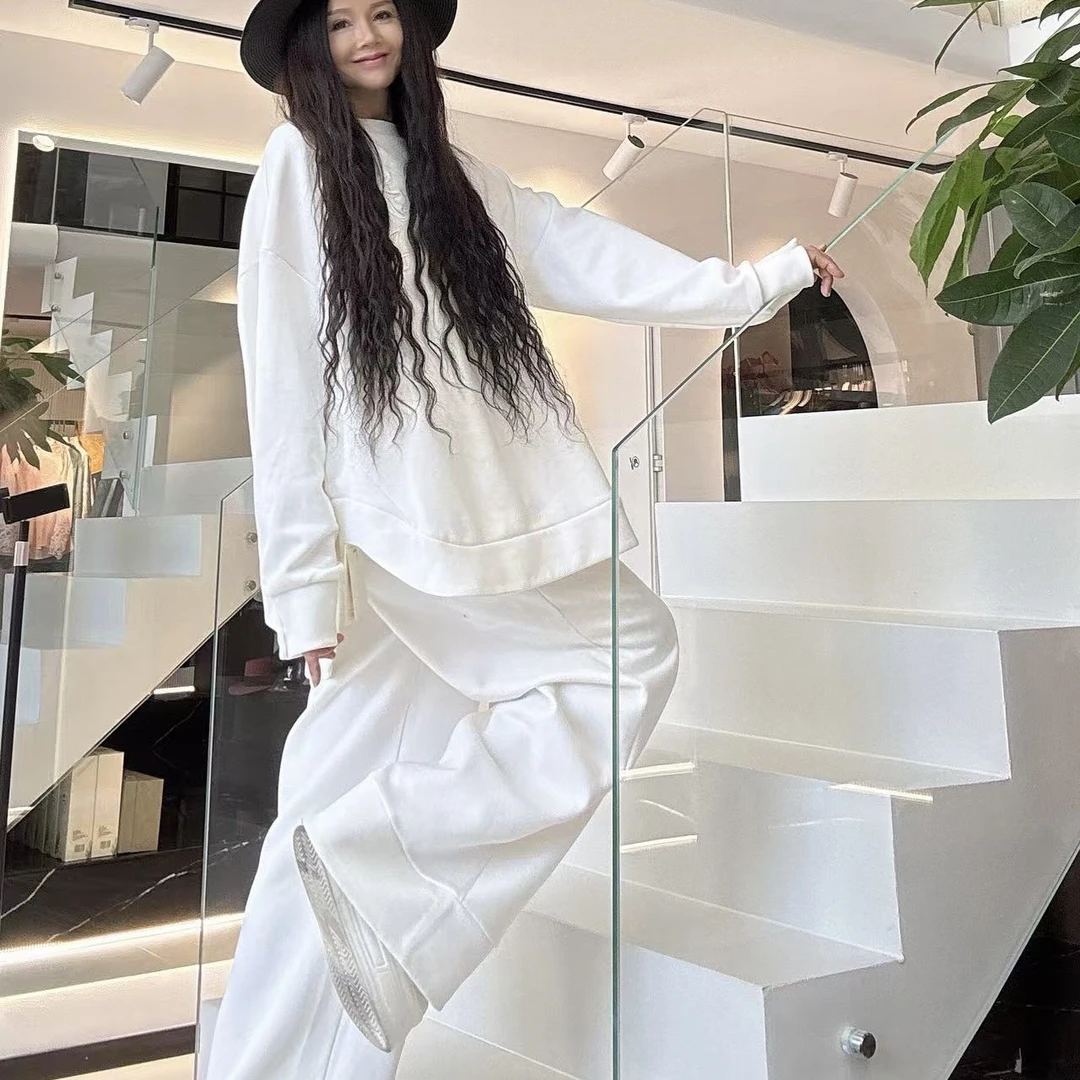 【周周家】白色长款高级感阔腿长裤搭配加绒加厚卫衣气质出众套装