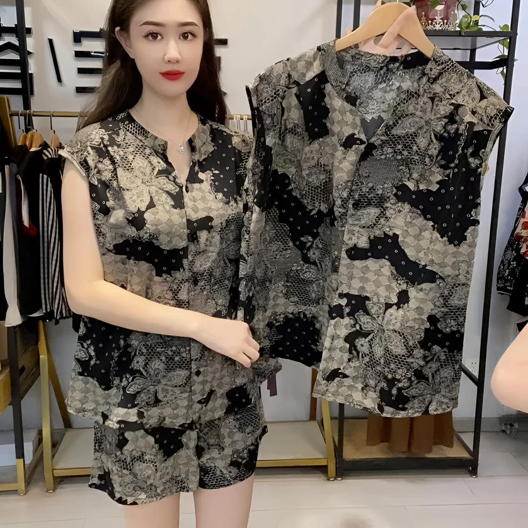 夏季新款时尚薄款宽松舒适两件套中老年女装复古设计条纹碎花套装