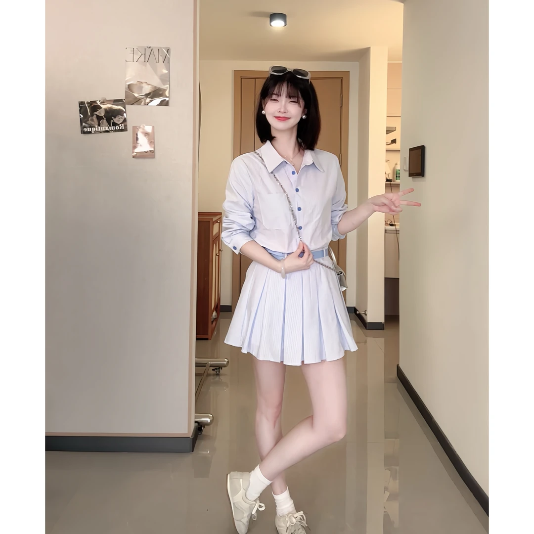 蓝色条纹衬衫连衣裙子女2025新款学院风小个子a字百褶短裙1202