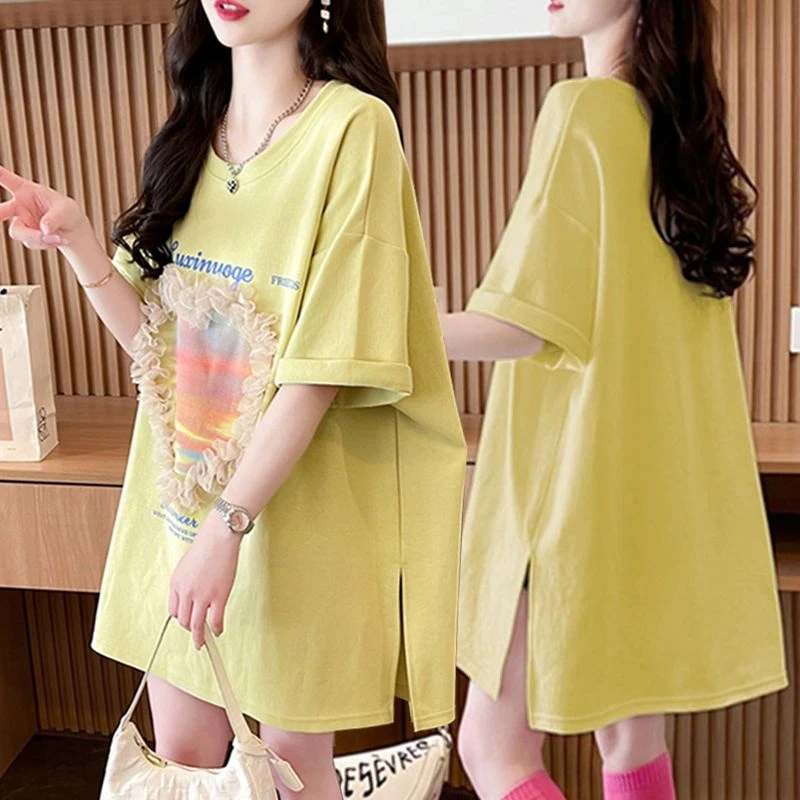 蕾丝拼接纯棉短袖t恤女夏季2025新款宽松胖mm大码显瘦体恤衫上衣