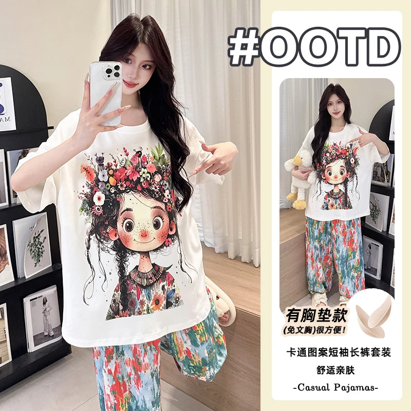 夏季新款束脚裤睡衣女带胸垫休闲宽松卡通短袖长裤纯棉家居服套装