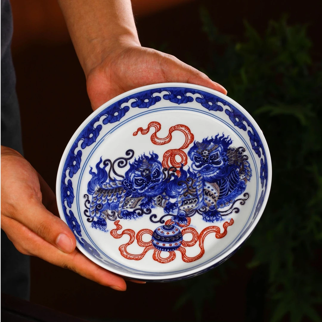 景德镇七丞堂陶瓷茶具醒狮双狮滚绣球壶承干炮台底托蓄水描金青花