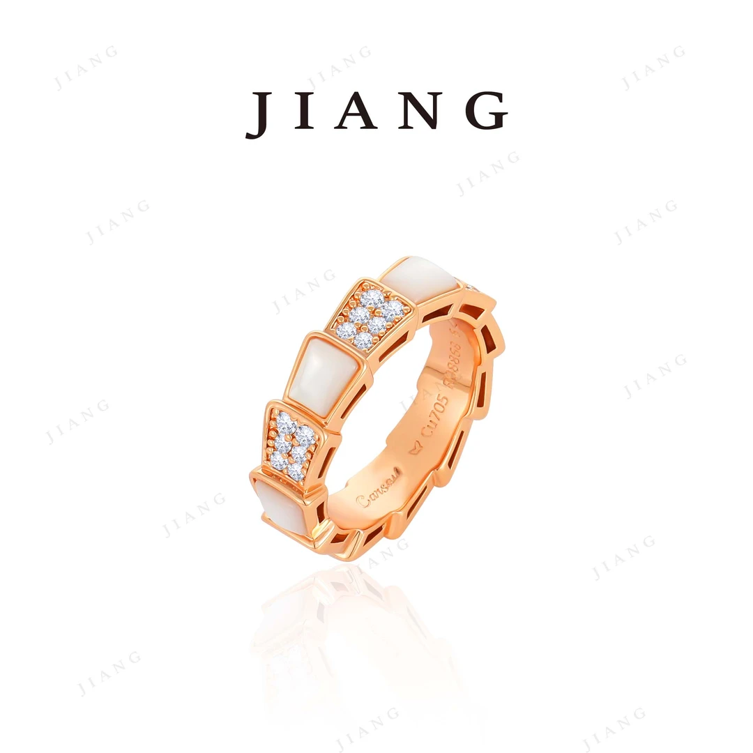 铜合金贝壳戒指 CNC精工 锆石宽版灵蛇白贝戒指r020