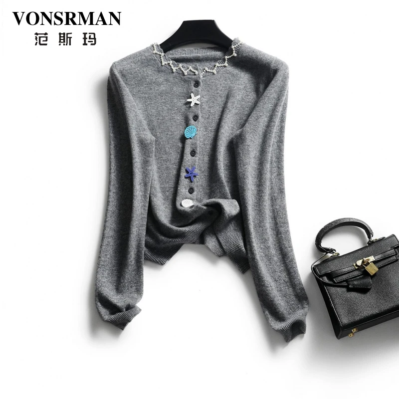 立体珍珠圆领贝壳海星点缀亲肤软糯全羊毛圆领长袖针织开衫宽松女