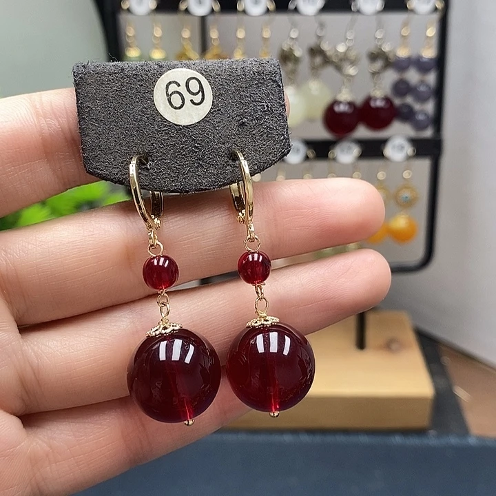 血珀银S925镀金镶嵌耳饰16mm