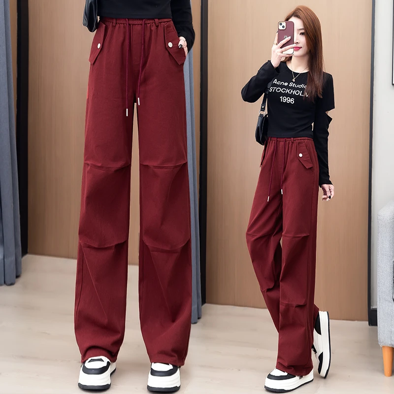 美式工装阔腿裤女春秋2025新款设计感高腰窄版显瘦运动直筒休闲裤