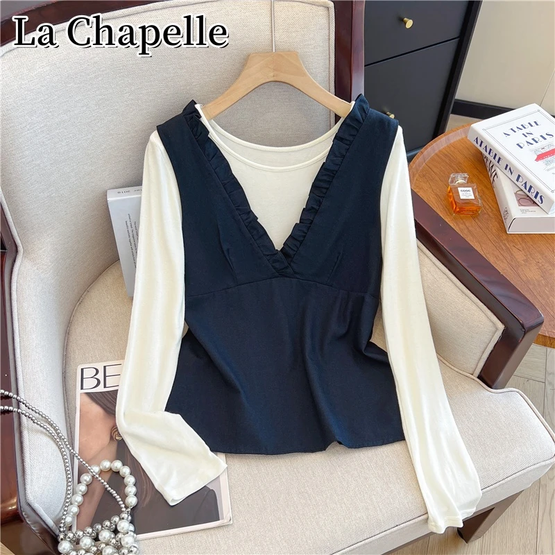 拉夏贝尔秋季新款韩版长袖T恤+花边背心百搭减龄显瘦休闲两件套女