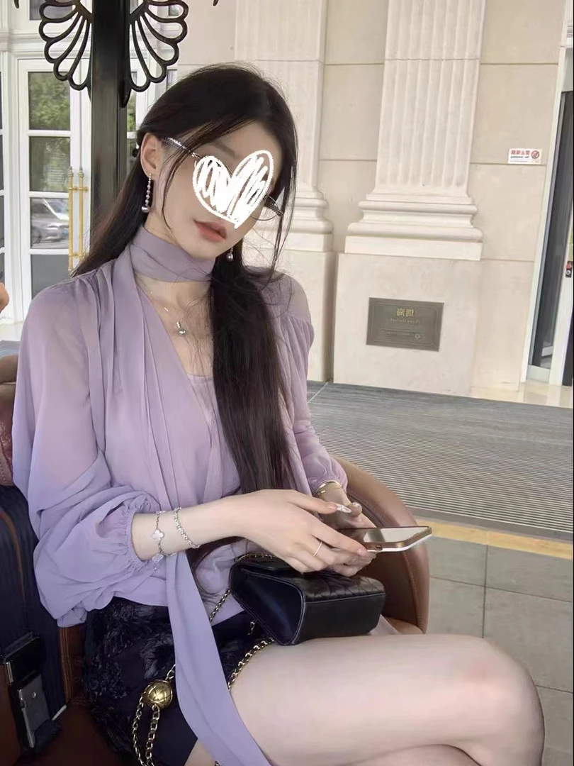 YIYI Studio紫色雪纺挂脖飘带衬衫女新款气质宽松V领防晒衬衣