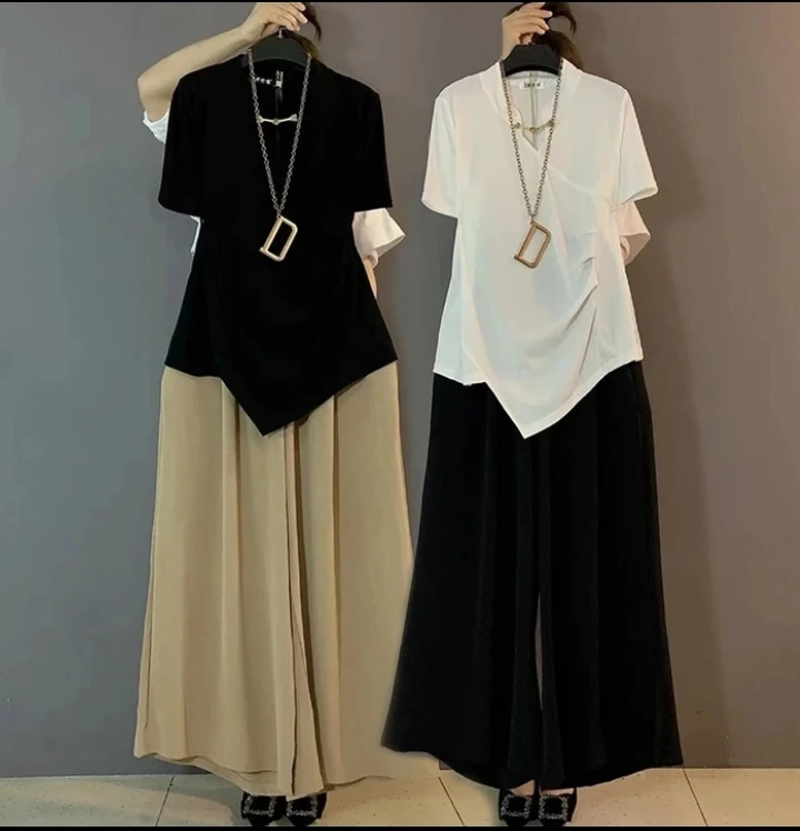 夏季宽松短袖显瘦气质中式+阔腿裤遮胯休闲百搭两件套国风套装