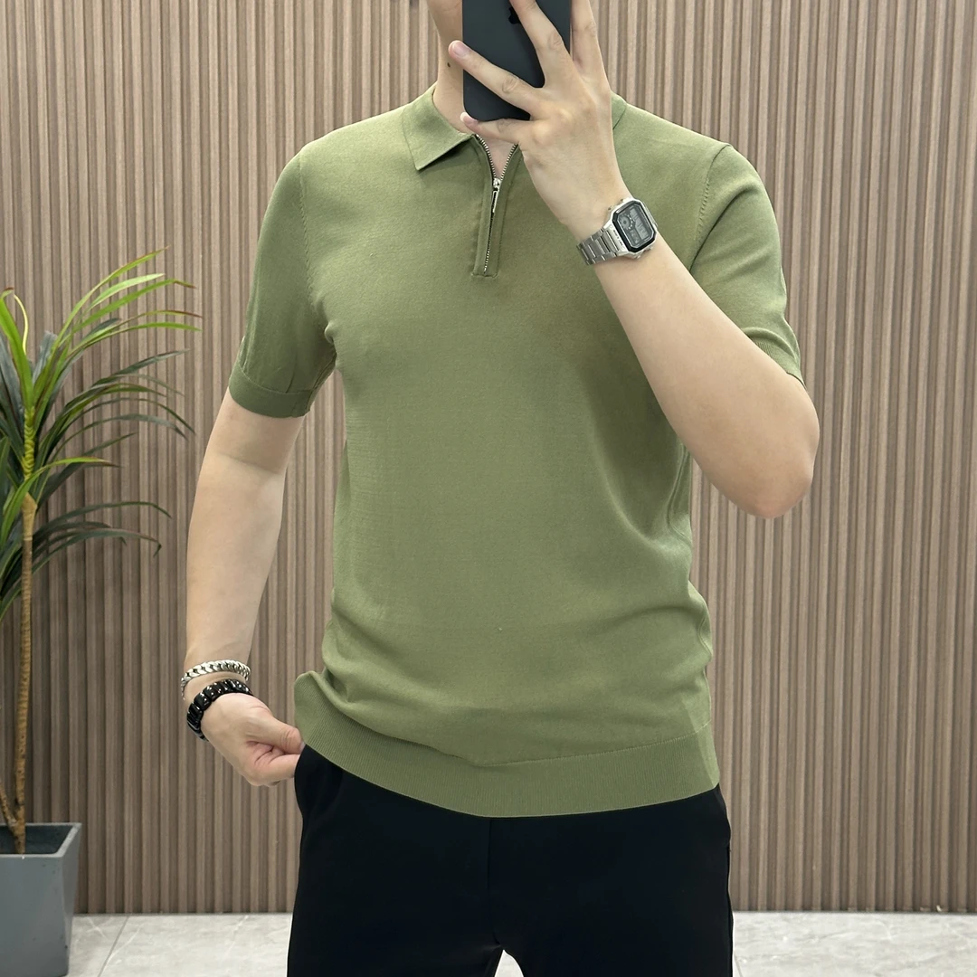大码男装冰丝短袖夏季纯色时尚简约商务休闲拉链针织翻领Polo衫