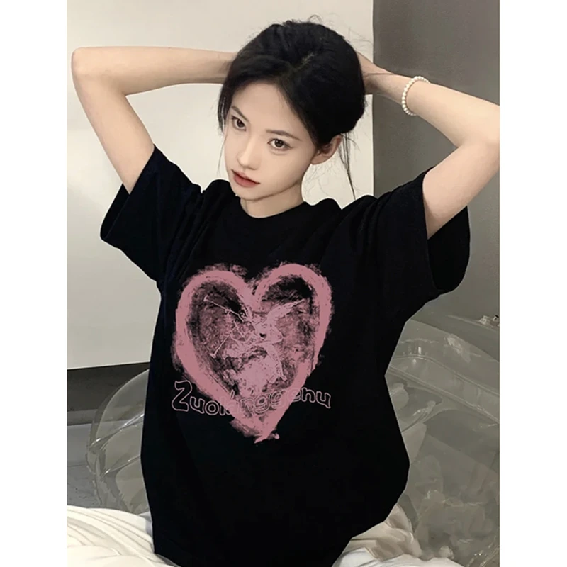 美式高街纯棉短袖t恤女夏季设计感小众oversize潮牌爱心印花上衣