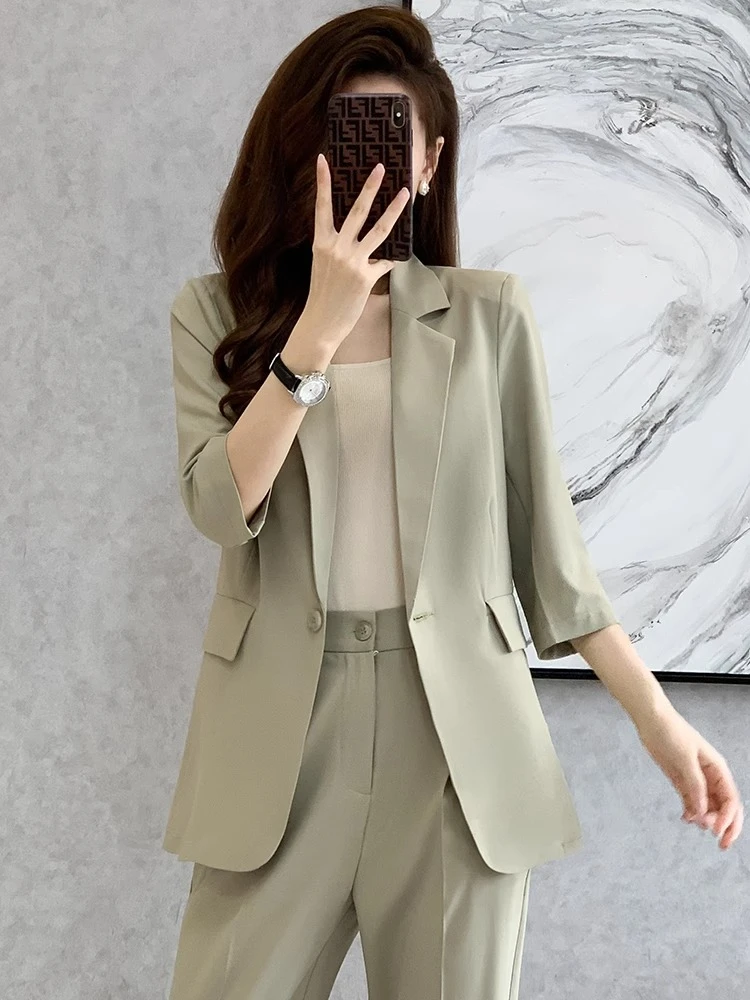 0625绿色西装女夏季薄款职业气质女神范休闲七分袖小西服正装套装