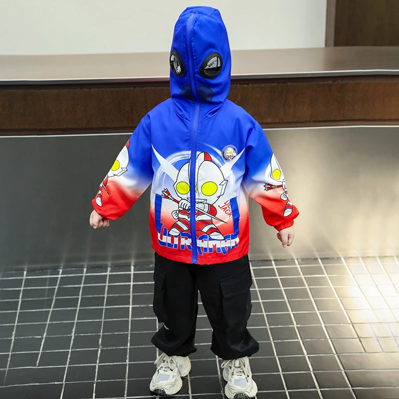 奥特曼男孩衣服秋季男童帽子拉链到头顶外套儿童带护目眼镜戴墨镜